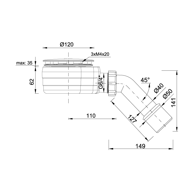 Sifon za tuš kadu Voxort, visine 6 cm, promjera 90 mm, crni