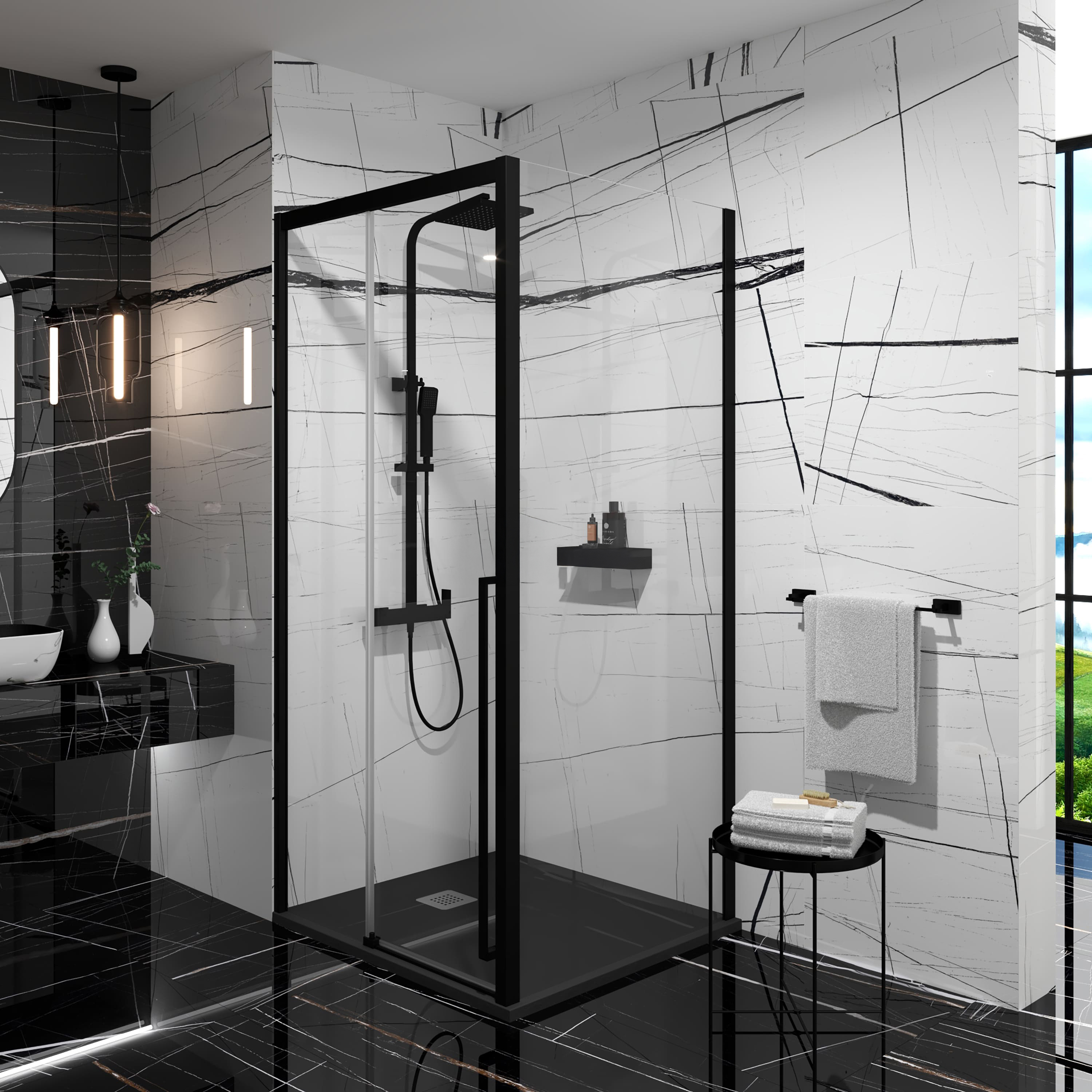 Tuš vrata klizna Voxort Blue Premium Corri, 100x200, prozirno/crna, 8 mm