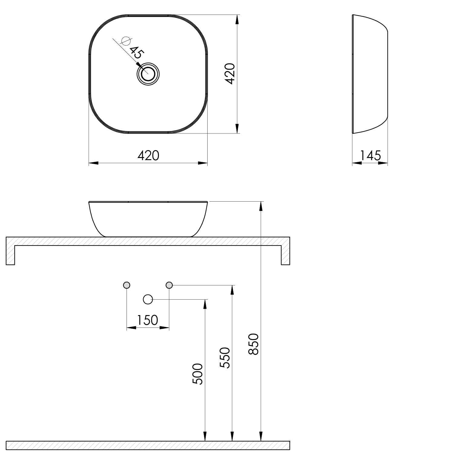 Umivaonik na ploču Concepto Bell, 42x42x14,5 cm, mat crna