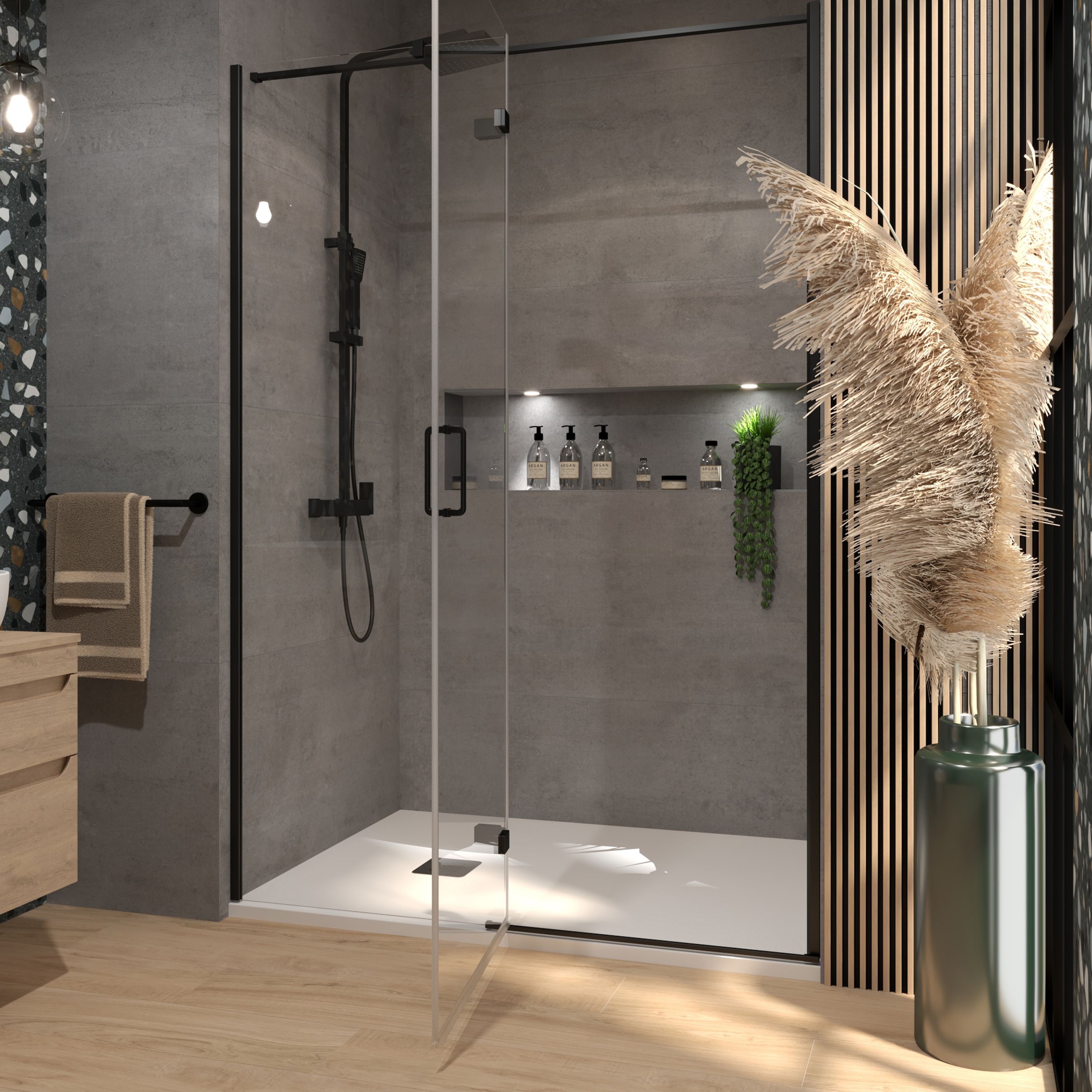 Tuš vrata jednokrilna Voxort Blue VI-line Black, 140x195, prozirno/crna