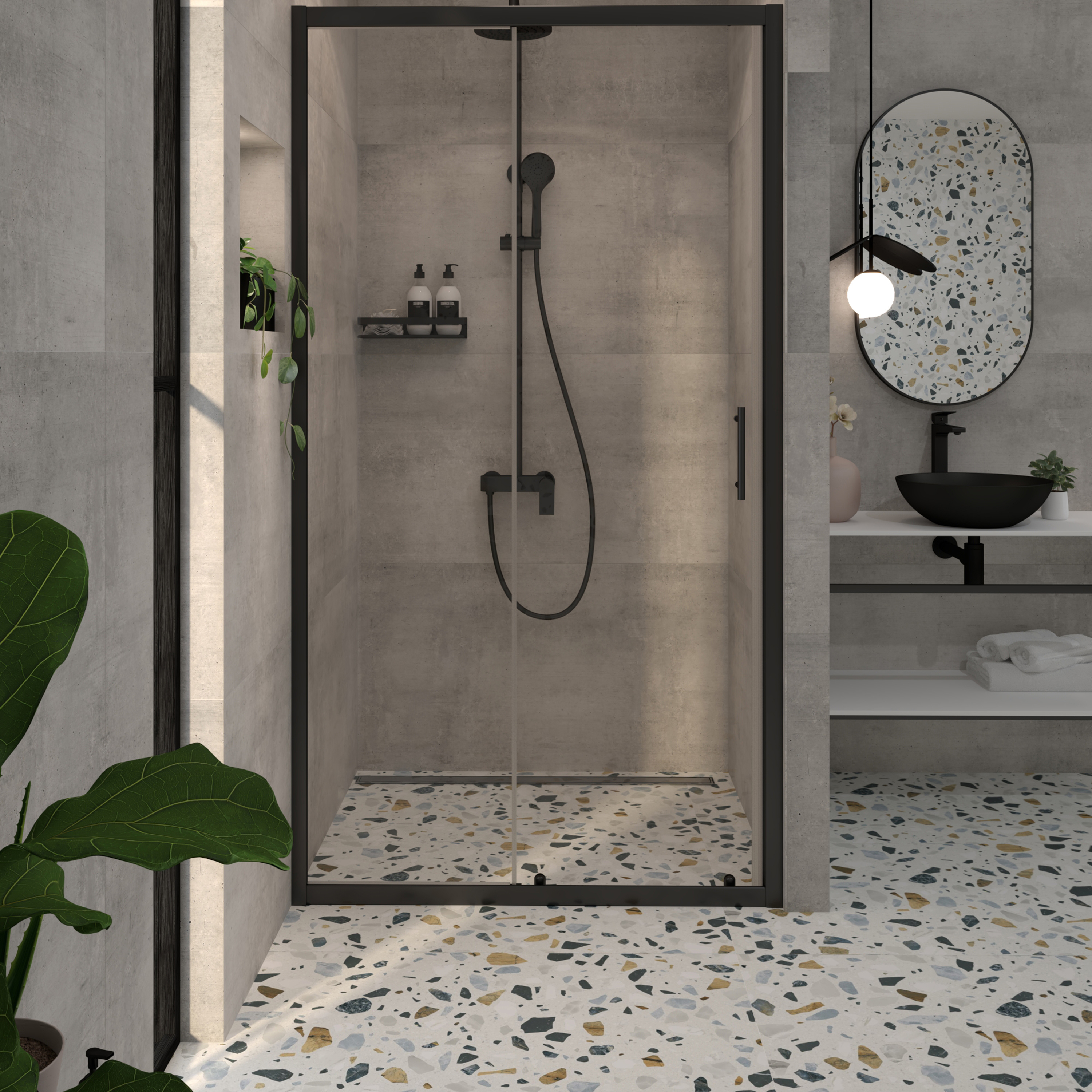 Tuš vrata klizna Voxort Blue Black, 110, prozirno/crna