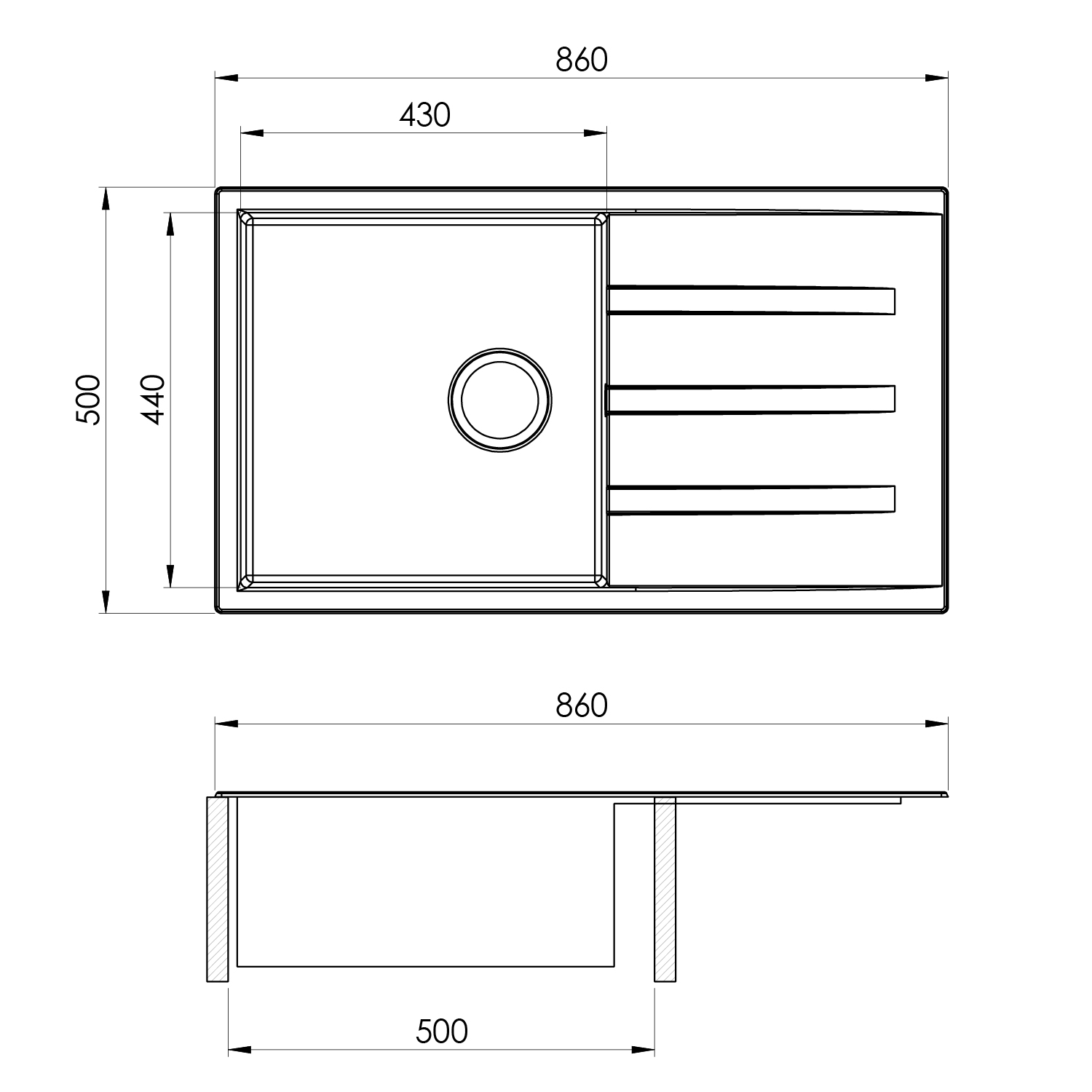 Sudoper granitni Concepto Ferro, 86x50 cm, jedno korito i ocjeđivač, Carbon/crna