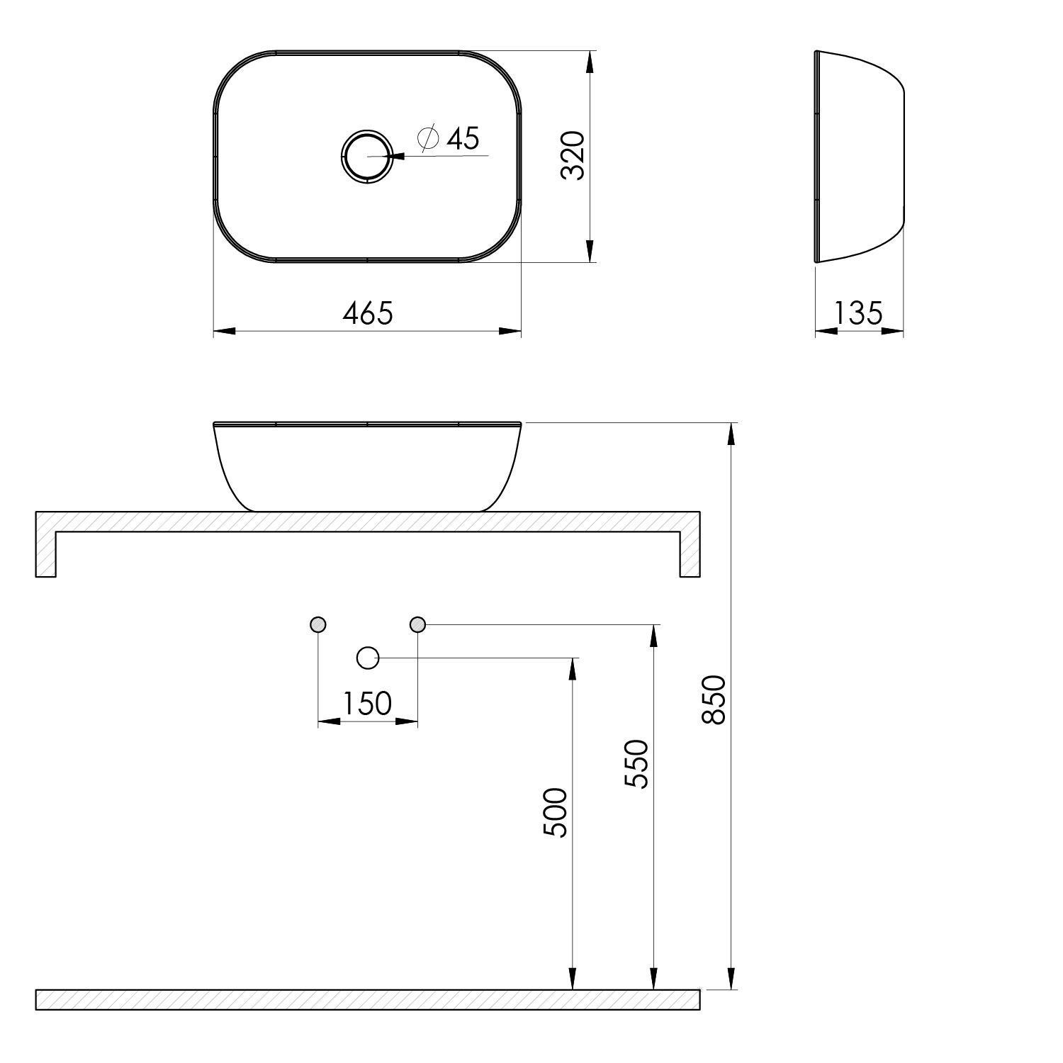 Umivaonik na ploču Concepto Bell Shine, 46,5x32x13,5 cm, bijela