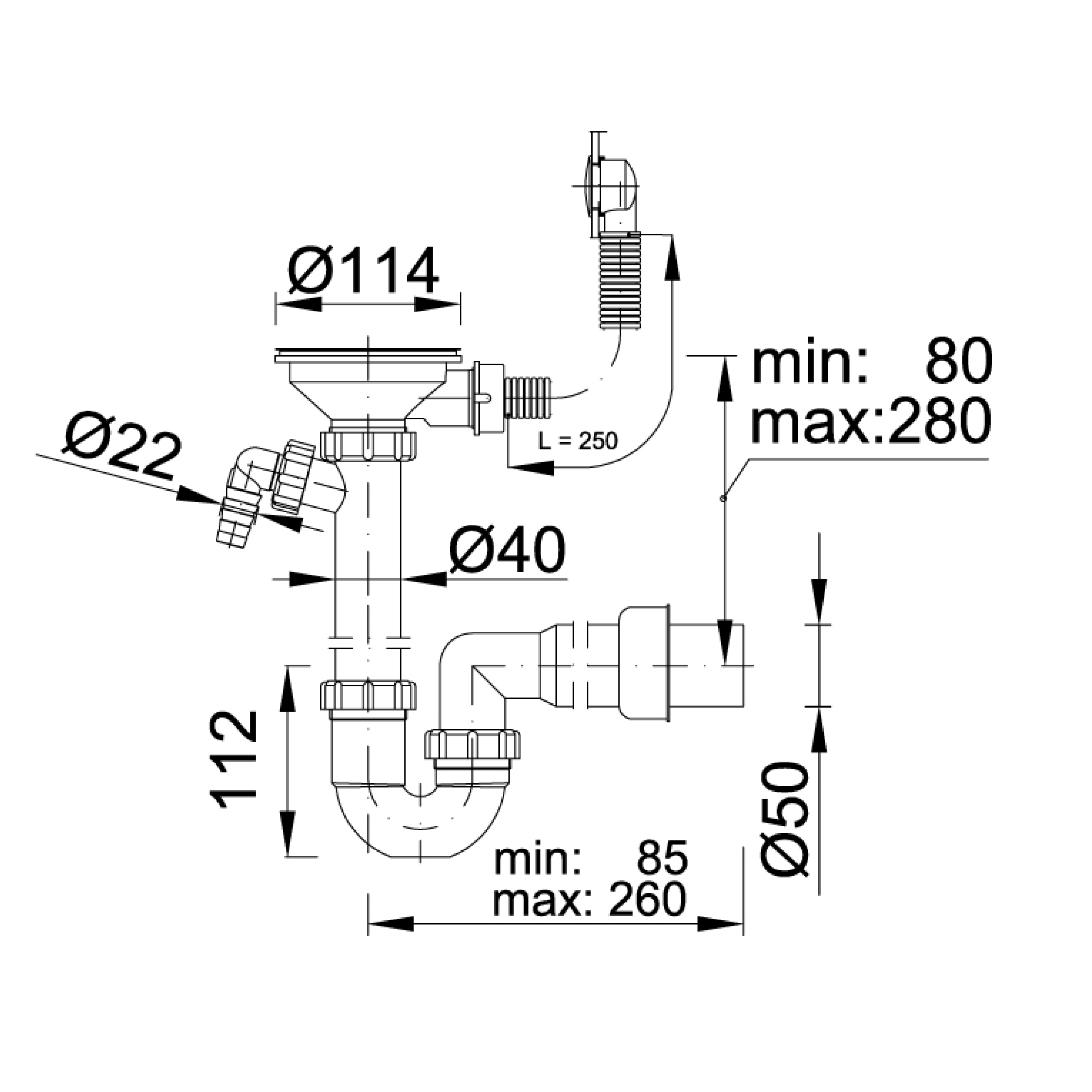 Sifon za sudoper Styron 1/1, s preljevom okruglim, promjer 115 mm
